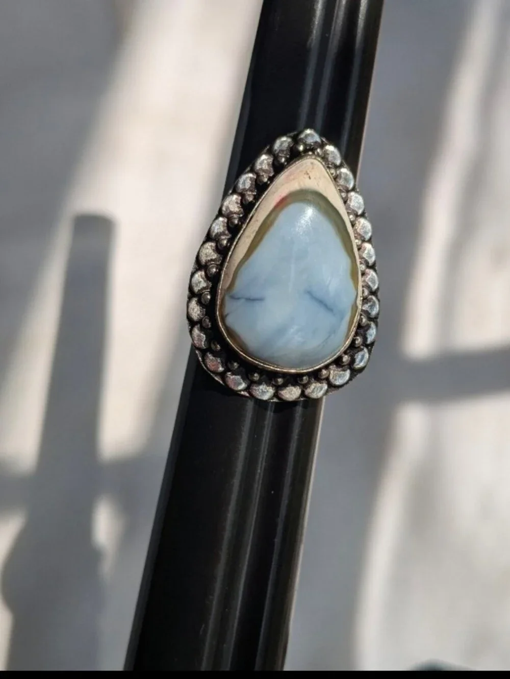 Rare Handcrafted Eye of Owyhee Opal Teardrop Ring (Size 7.25)